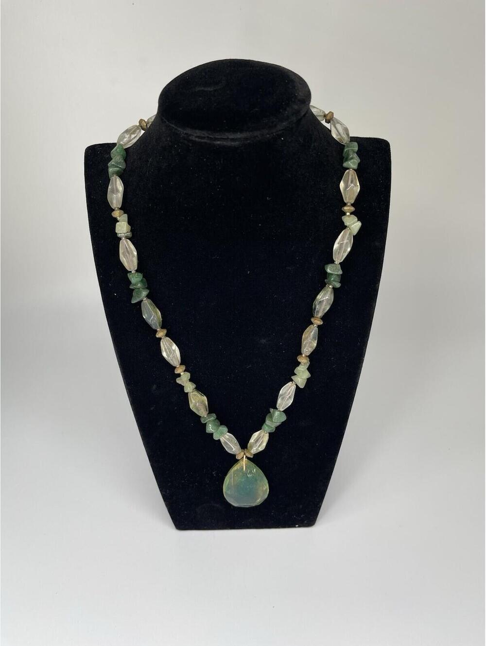 Vintage Green Stone Beaded Pendant Necklace Faceted Teardrop Boho‎ Women
